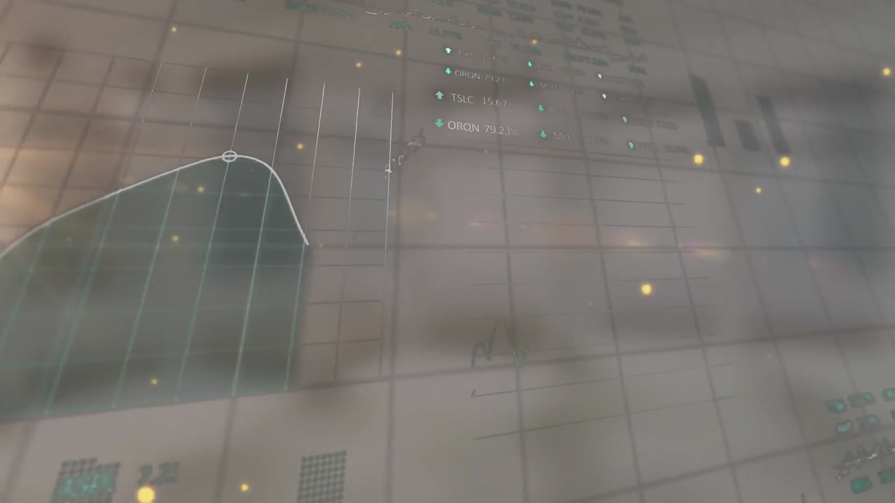 animación de manchas amarillas que flotan sobre el procesamiento de datos estadísticos contra un fondo gris.