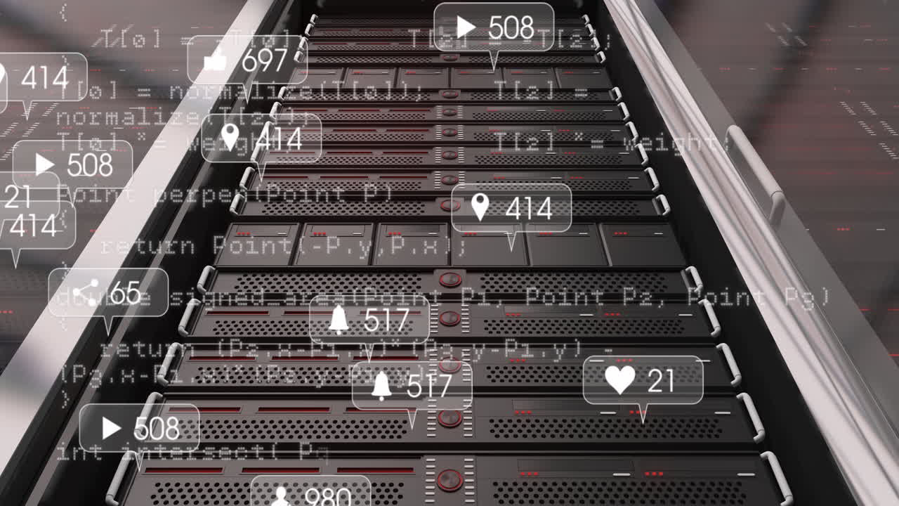 Animation of data processing and media icons over server room