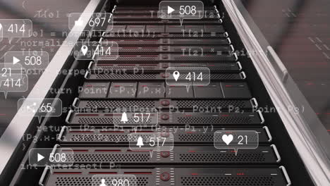 animación del procesamiento de datos y los iconos de los medios en la sala del servidor