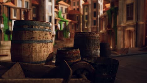 viejos barriles de vino de madera en un puerto de una ciudad marítima