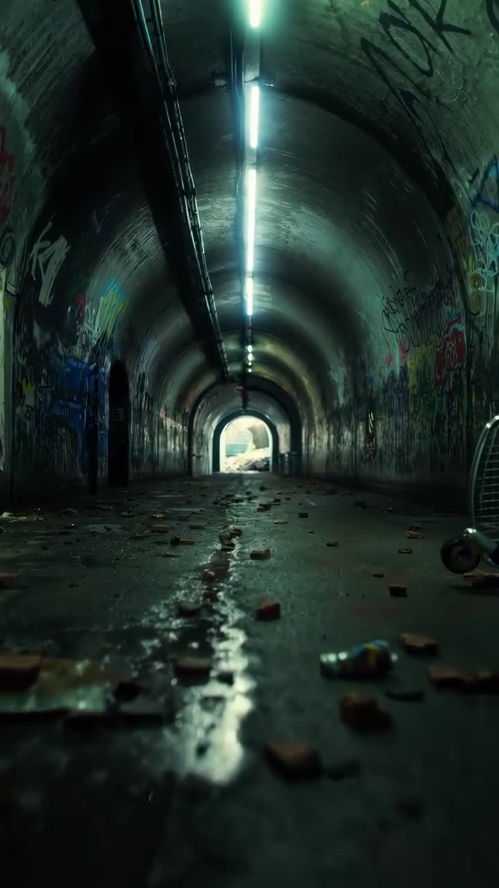 Video suggestivo di un tunnel coperto di graffiti con un'inquadratura dal basso, che mostra detriti sparsi