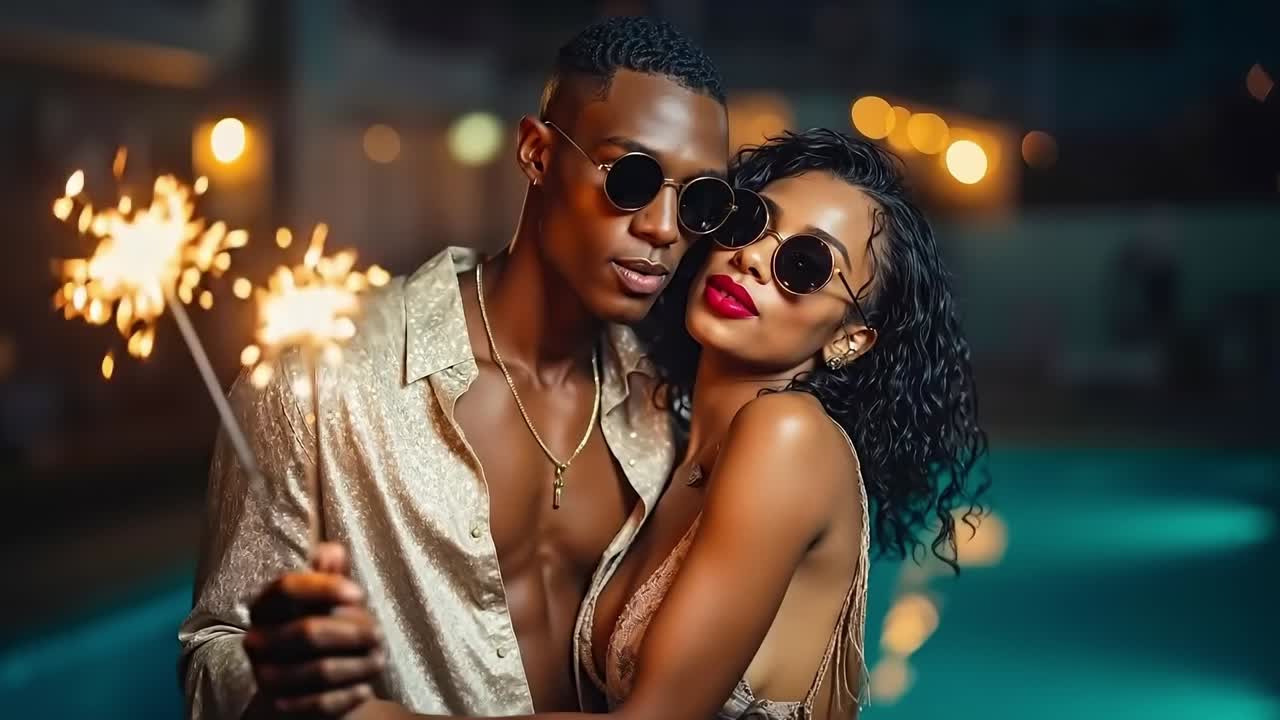 A man and a woman standing next to each other holding sparklers