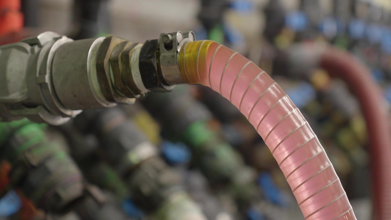 Primo piano di un tubo del liquido refrigerante collegato in un ambiente di impianto industriale.