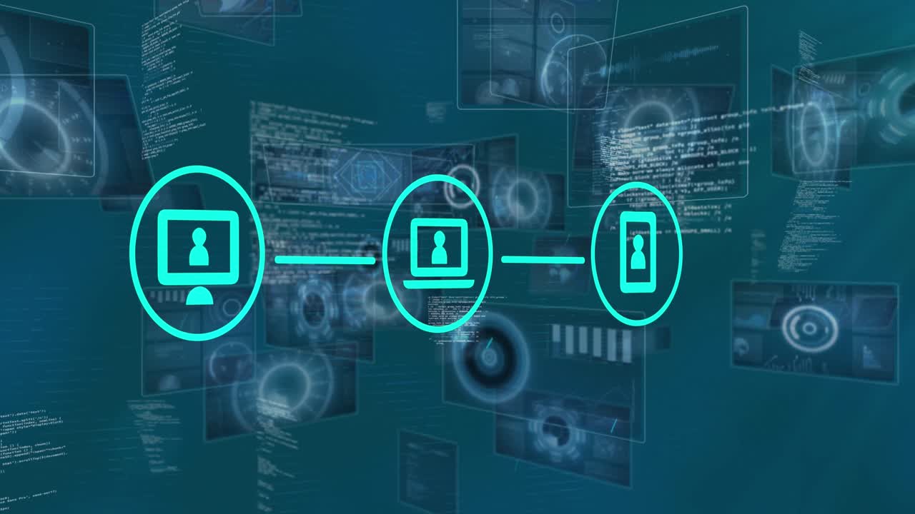 animación de iconos de medios conectados sobre gráficos y procesamiento de datos