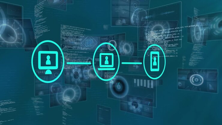 Animation af forbundne medieikoner over grafer og databehandling
