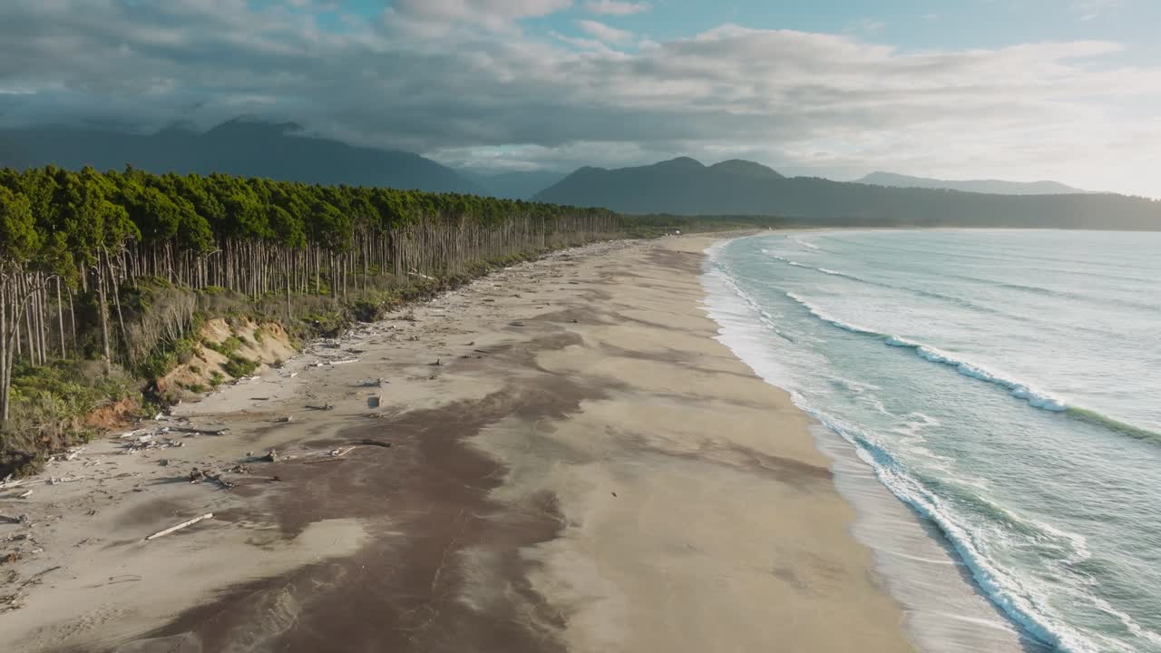 Scenic aerial view of native rimu tree lined windswept coastline of Bruce Bay with rolling waves from the Tasman Sea in South Westland, New Zealand Aotearoa