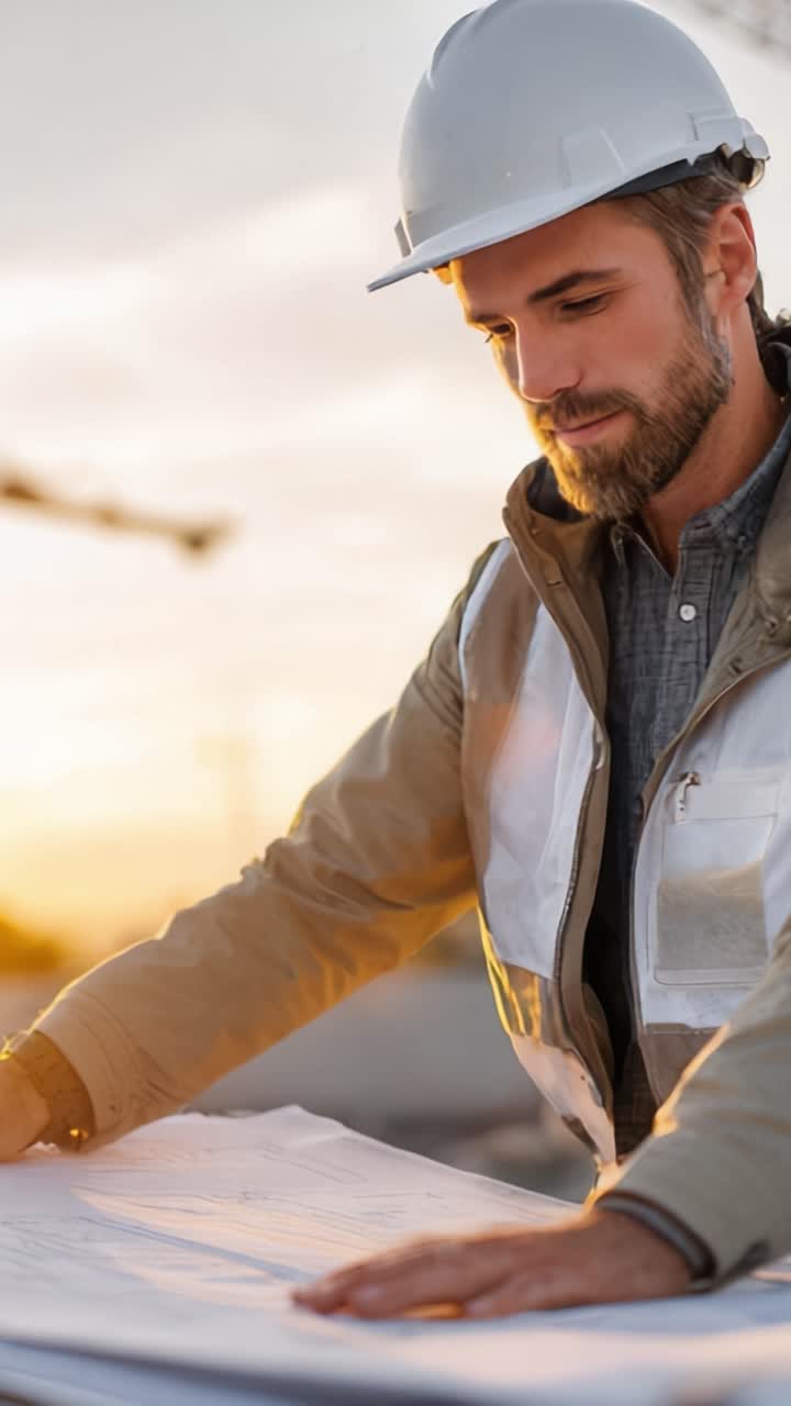 Um engenheiro concentrado analisa e marca plantas de construção ao pôr do sol, demonstrando dedicação e precisão em seu trabalho para garantir o sucesso do projeto e os padrões de segurança.