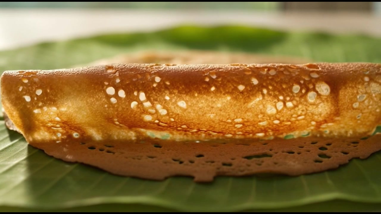 Close-up of a Crispy Dosa Being Unrolled on a Banana Leaf