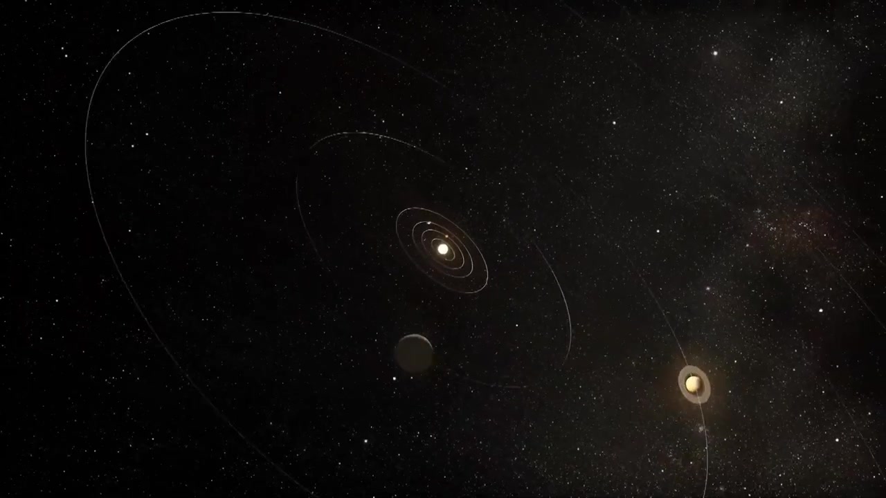 Animazione delle orbite planetarie del sistema solare. Schema scientifico delle traiettorie planetarie che ruotano attorno al sole luminoso nello spazio profondo.
