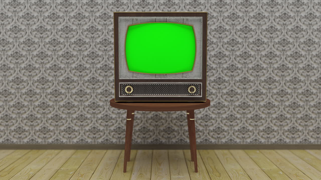 결함 및 녹색 화면이 켜지고 4k 빈티지가 꺼지면서 회전하는 애니메이션 오래된 tv