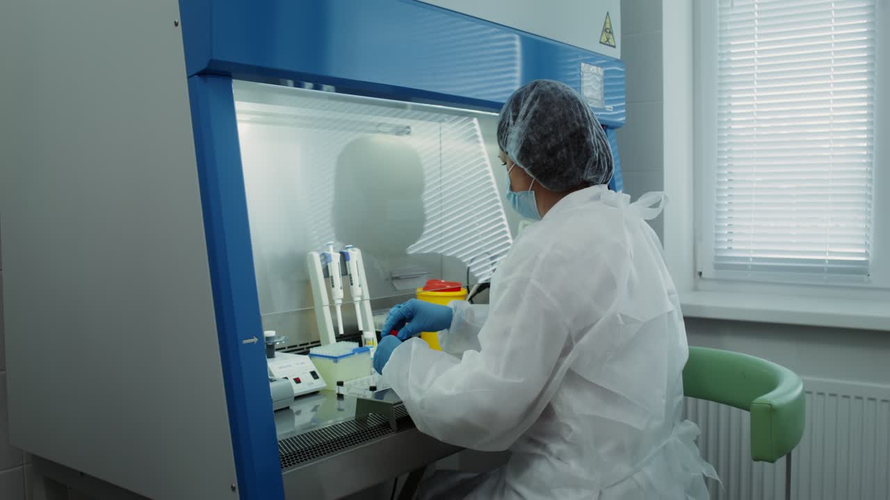 ученый, работающий в лабораторной выхлопной капоте