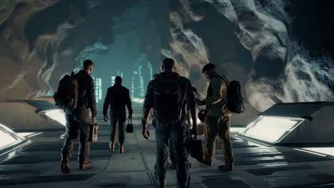 group of people exploring a futuristic cave system