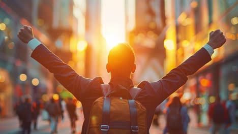 successful businessman celebrating achievement in city