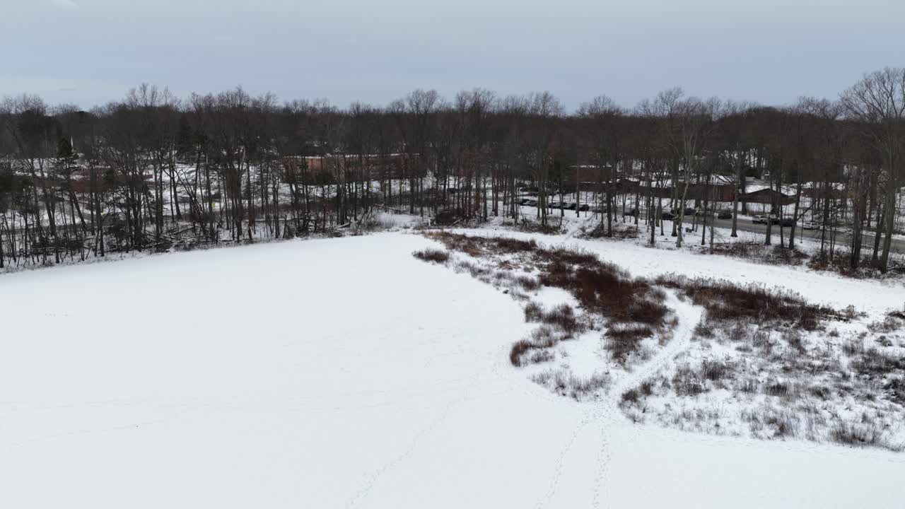 Ripresa aerea con drone di Huntington Beach Reservation a Bay Village, Ohio, in inverno