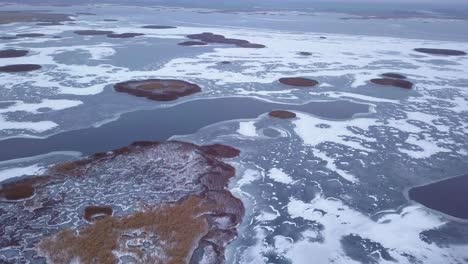 Aerial-view-of-frozen-lake-Liepaja-during-the-winter,-blue-ice-with-cracks,-dry-yellowed-reed-islands,-overcast-winter-day,-wide-drone-shot-moving-forward,-camera-tilt-down