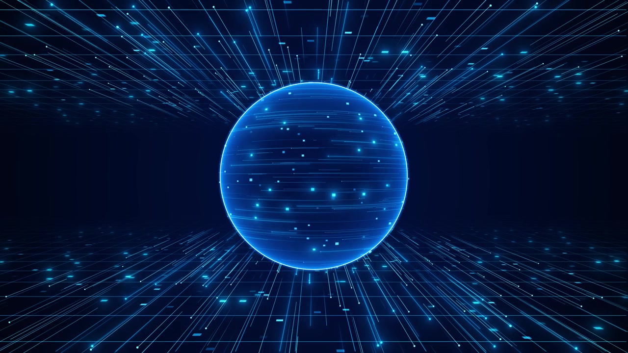 Blue digital sphere network background with glowing central globe grid floor fast data lines and