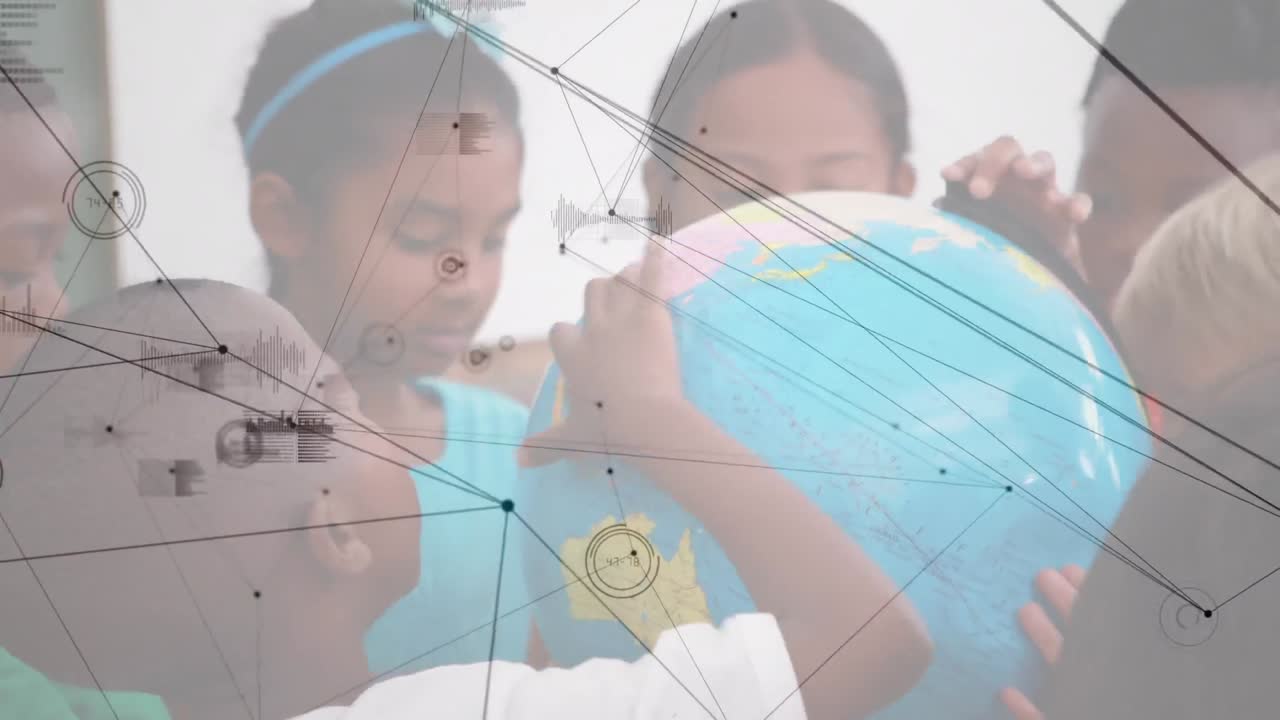 red de conexiones entre diversos estudiantes que aprenden geografía usando un globo en la escuela primaria