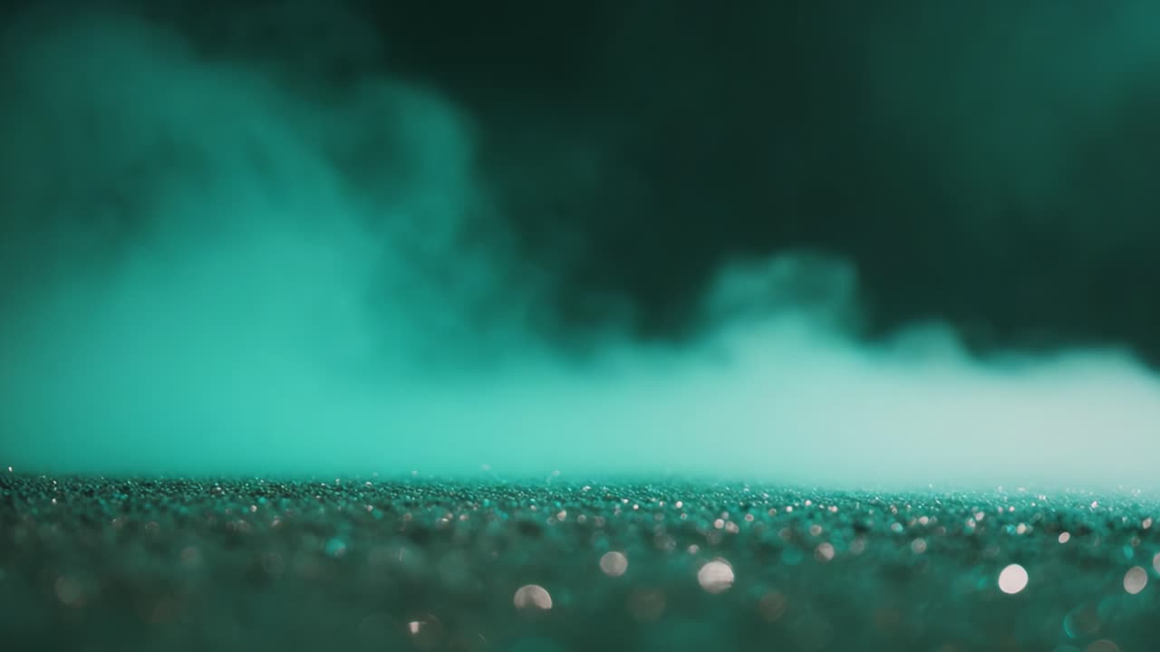 A Breathtaking View of a Misty Surface with Sparkling Particles Beneath a Mysterious Green Light, Creating an Enigmatic Atmosphere of Tranquility and Wonder