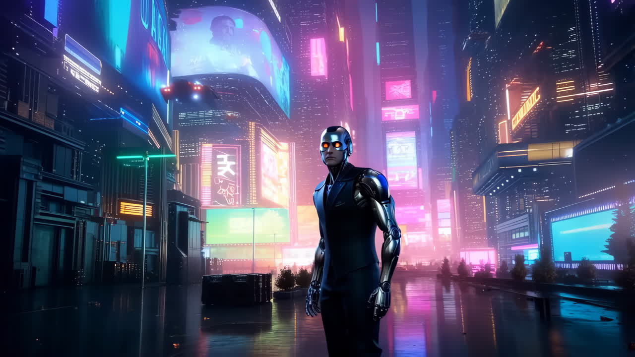 Robot in a Neon Cyberpunk City at Night