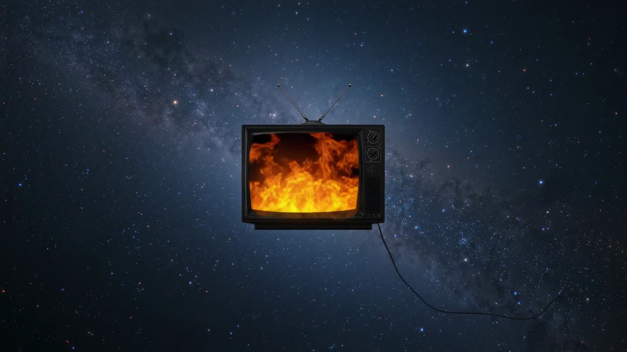 Flickering ember glow sparking orange flames pulsing on vintage TV over Milky Way, smoke drifting