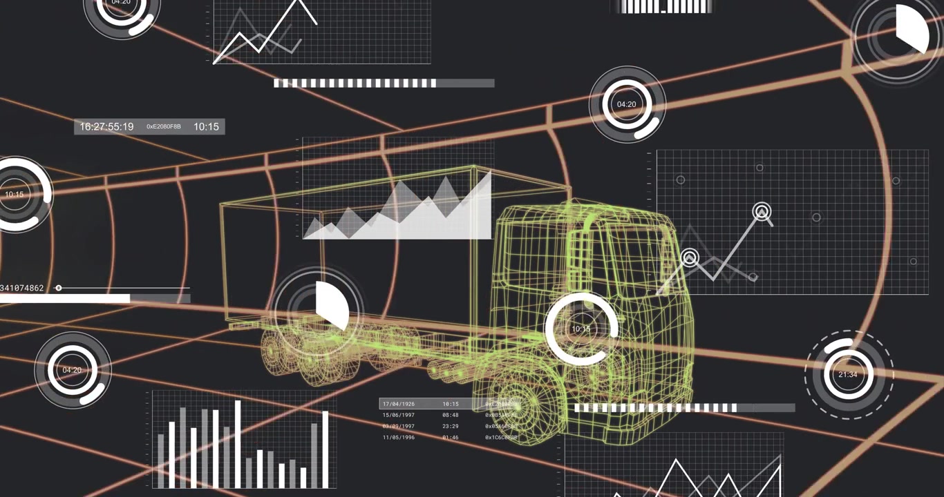 Telemetry update animating gauges, bars and charts around static wireframe truck for diagnostics