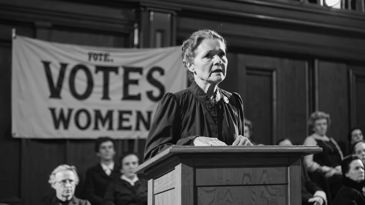 Image vidéo en noir et blanc d’une femme s’exprimant avec passion à un podium, capturée en contre-plongée