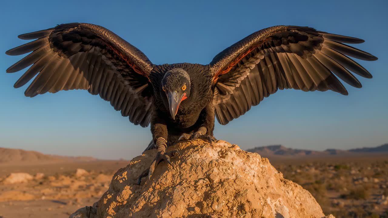 Visualizzazione di un rapace scuro avvistato dalla camera, che apre le ali su una roccia del deserto illuminata dal sole, rivelando l'anello alla zampa