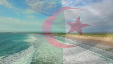 animation of flag of algeria blowing over beach landscape