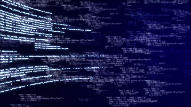 Fragmentos de código brilhantes cruzam um campo índigo escuro, blocos mais suaves de texto digital atrás deles, gráficos podem