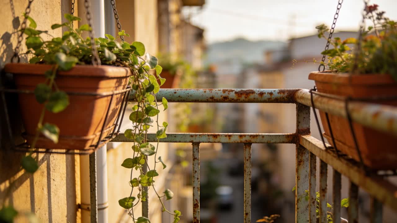 Fioriere in argilla ondeggianti e una vite che si muove sulla ringhiera del balcone nella brezza, con la telecamera che mette a fuoco per catturare i dettagli.
