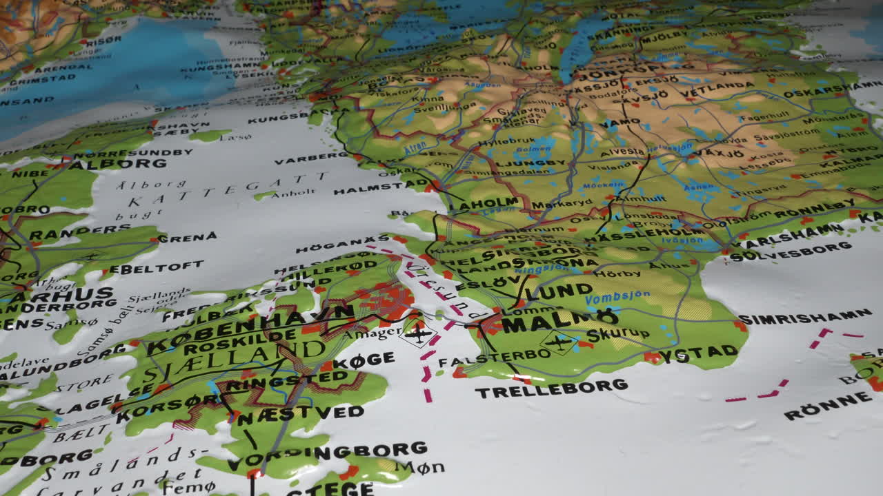 Malmo, Sweden and Copenhagen, Denmark and surrounds on 3D terrain map