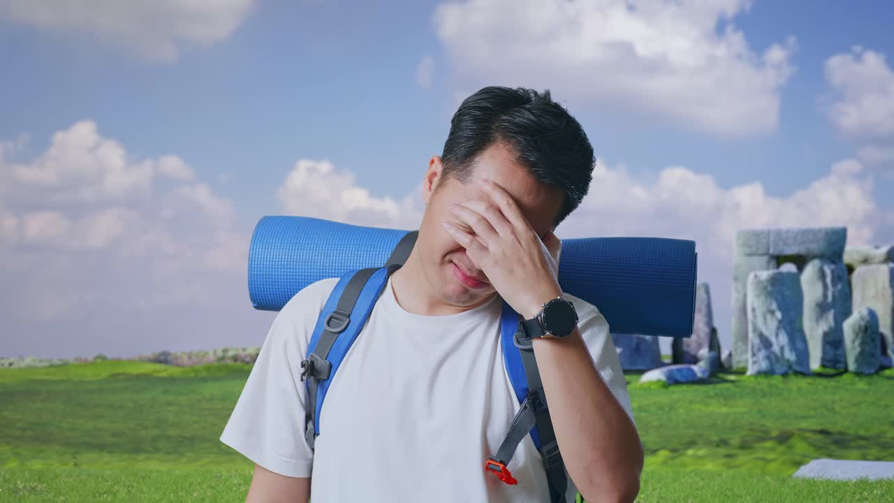 Man with backpack experiencing headache