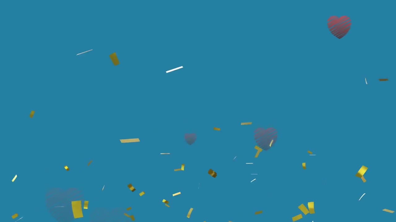 파란색 배경에 떨어지는 금색 콘페티와 회색 심장 풍선의 애니메이션