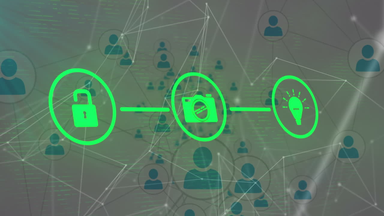 animación de la red de conexiones con iconos sobre fondo blanco