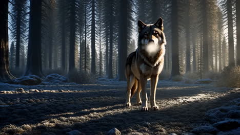 wolf in a sunlit winter forest