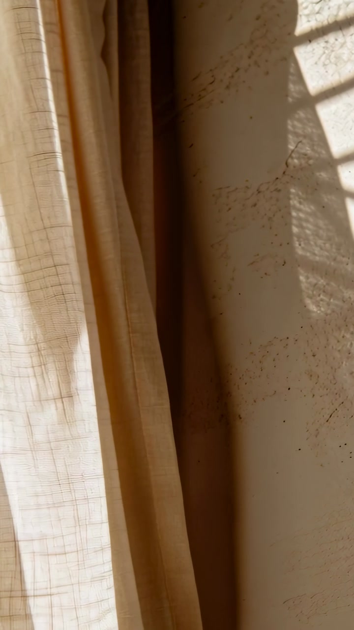 Vertical video: Swaying sheer curtain with lining at window, sun and breeze casting grille shadow