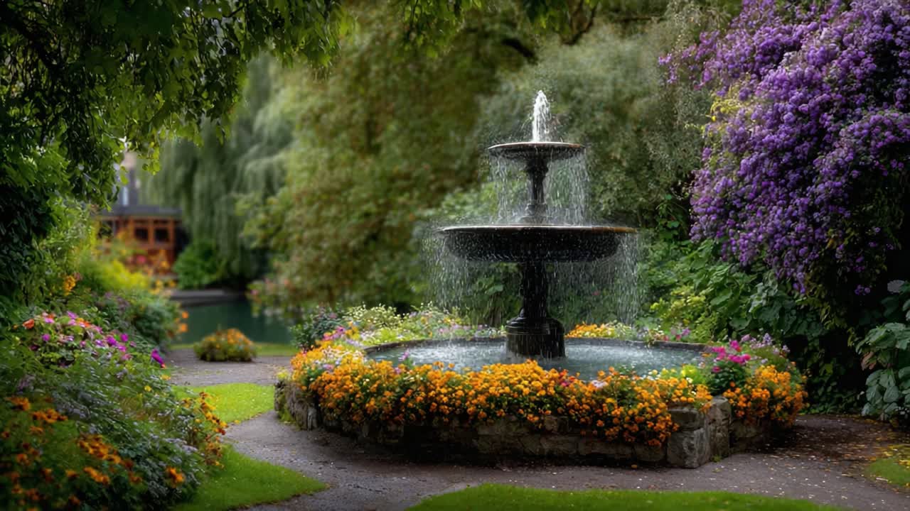 Un'Oasi di Giardino Serena con una Maestosa Fontana Circondata da Fiori Vibranti e Vegetazione Rigogliosa in un Ambiente Esterno Tranquillo