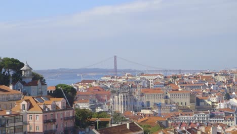 View-from-La-Senora-del-Monte-in-Lisbon-Portugal,-beautiful-rooftops-and-The-Vasco-da-Gama-Bridge-in-the-distance