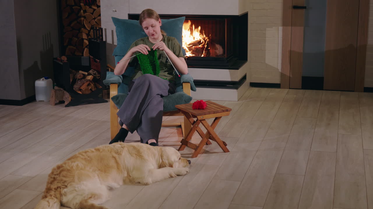 Woman Knitting by the Fireplace with Dog