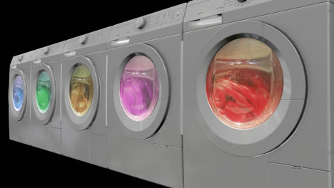 row of washing machines with colorful clothes