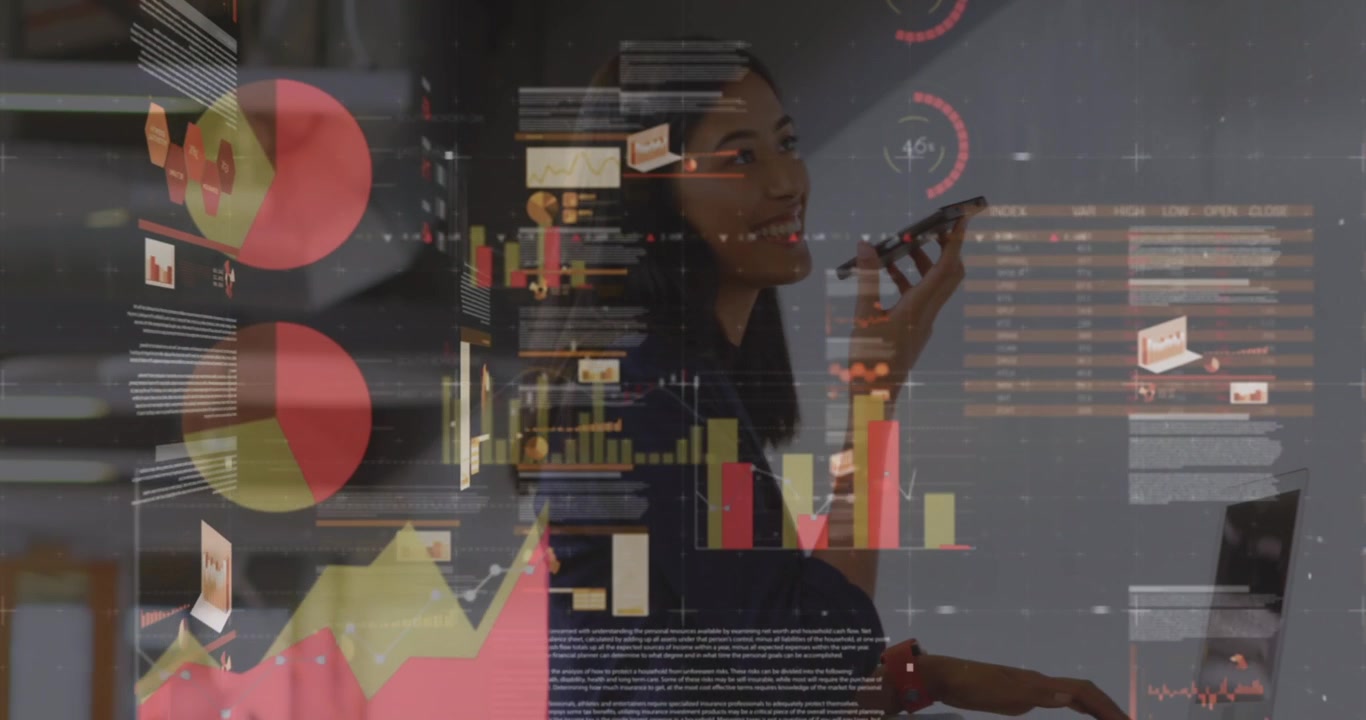 Animation of data processing over businesswoman at office