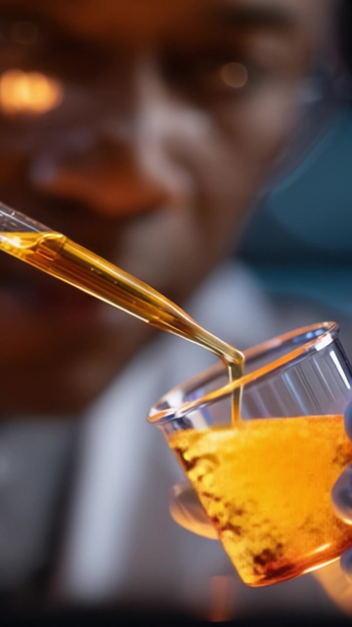 Uno scienziato concentrato che versa meticolosamente un liquido dorato da una pipetta in un contenitore trasparente, mostrando il complesso processo di conduzione di esperimenti chimici