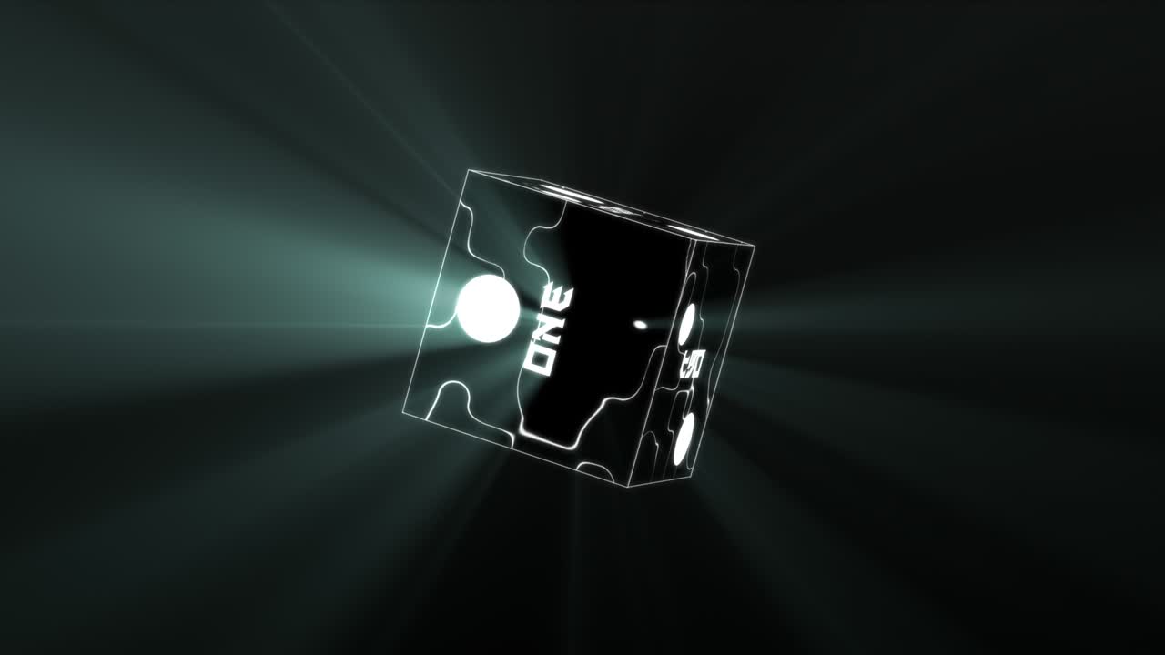 6면 회전 블랙 다이: 점과 단어로 표시된 얼굴, 검은색 배경에 부피 조명을 가진 미래의 스타일, 3d 루프 애니메이션