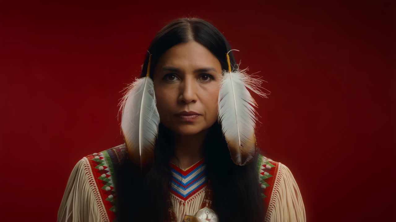 Portrait of an Indigenous Woman with Feathers and Traditional Attire