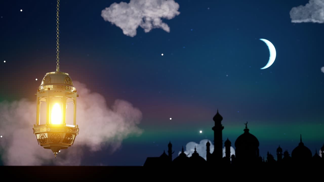 Animazione di sfondo astratto con design islamico 4K Eid Mubarak, lanterna a candela sospesa per il Ramadan e moschea. Concetto di design islamico Eid Mubarak con Ramadan. Celebrazione religiosa del festival musulmano asiatico.