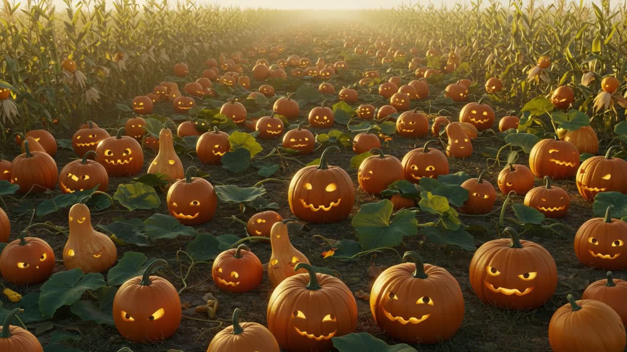 A Spooky Escapade in a Pumpkin Patch Filled with Glowing Jack-o'-Lanterns Surrounded by Lush Cornfields Under a Misty Autumn Sunrise