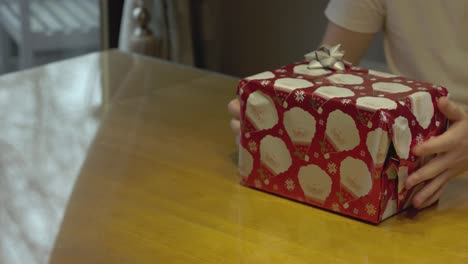 static shot of a man showing off a newly wrapped christmas present with a bow