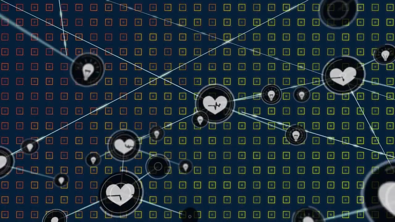 Animation of network of connections with icons over grid