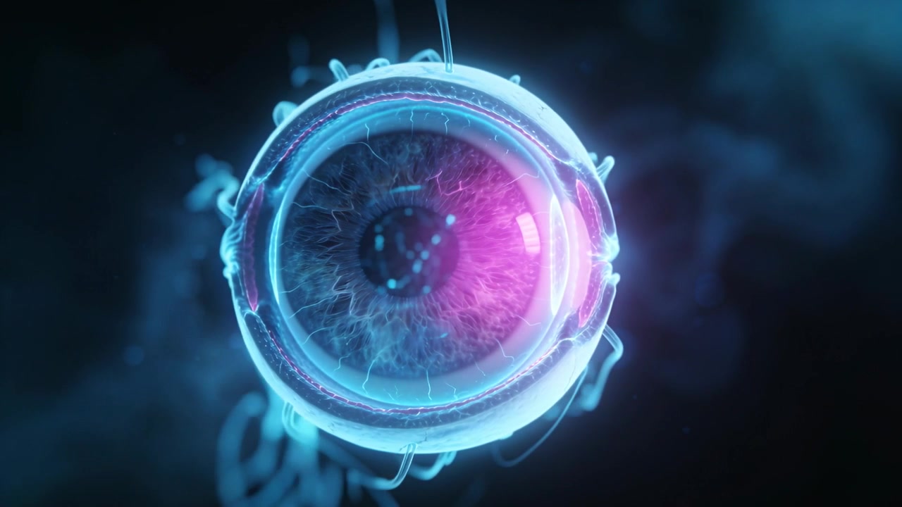Telecamera orbitante che rivela un bulbo oculare rotante in uno spazio 3D scuro, esponendo il nervo ottico e un bagliore magenta.
