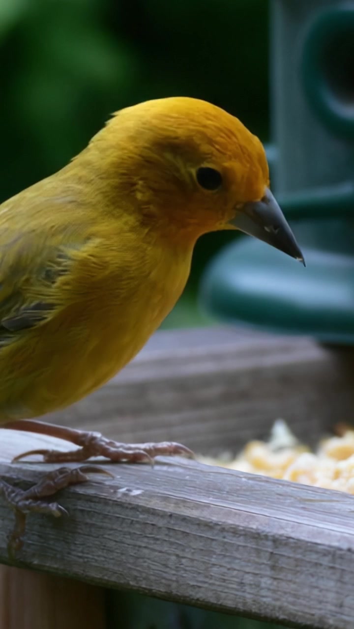 En närbild av en livfull gul fågel som sitter på en trämatare, fångar naturens skönhet och detaljer i två bilder